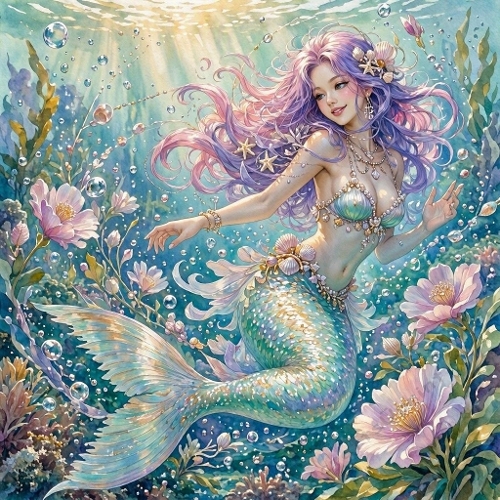 Pastel Underwater Mermaid – Lavender Hair, Turquoise Shimmer Tail & Coral Bloom (1024×1024 JPEG)