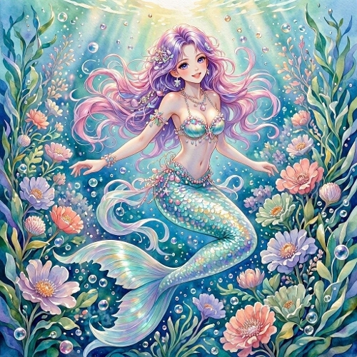 Pastel Underwater Mermaid – Lavender Hair, Iridescent Aqua Tail & Floral Ocean Glow (1024×1024 JPEG)