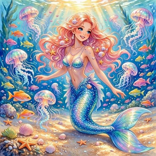 Vibrant Underwater Mermaid – Pink Hair, Iridescent Blue‑Green Tail & Ocean Life (1024×1024 JPEG)