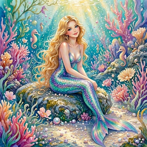 Golden‑Haired Mermaid – Turquoise & Purple Shimmer Tail in Enchanted Ocean Scene (1024×1024 JPEG)