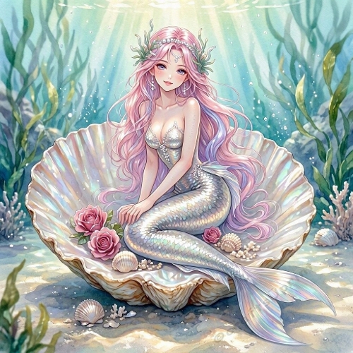 Shell‑Throne Mermaid – Pink Hair, Silver Tail & Underwater Floral Fantasy (1024×1024 JPEG)