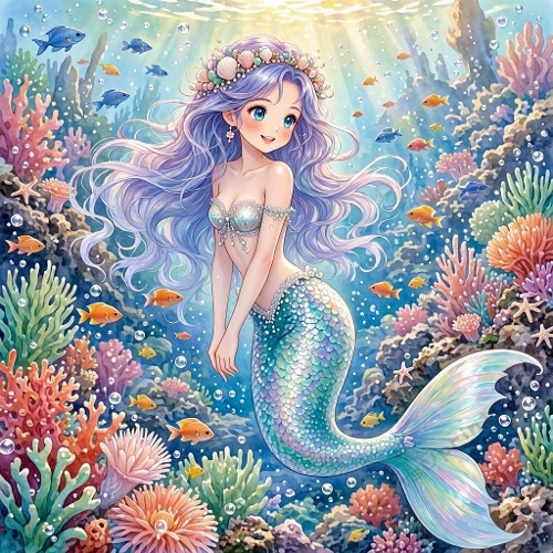 Lavender‑Haired Mermaid – Turquoise Shimmer Tail & Coral Reef Fantasy (1024×1024 JPEG)