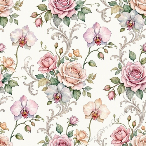 Vintage Rose & Orchid Seamless Pattern – Blush, Cream & Soft Gray Elegance (1024×1024 JPEG)