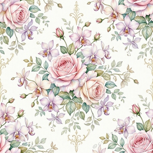 Vintage Pink Rose & Orchid Seamless Pattern – Pastel Florals & Gold Flourishes (1024×1024 JPEG)