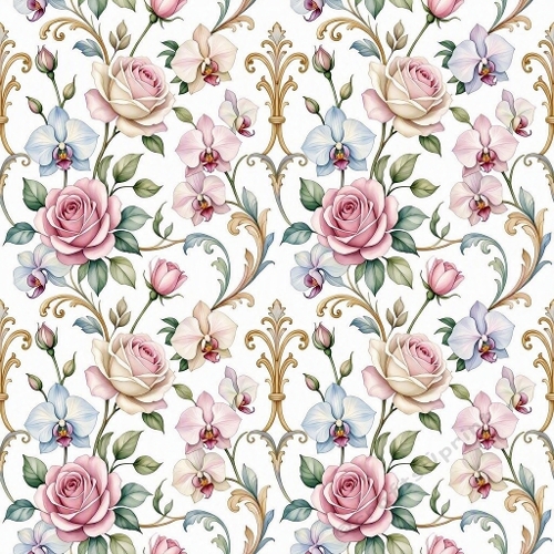 Vintage Rose & Orchid Seamless Pattern – Pink, Cream & Gold Scrollwork Elegance (1024×1024 JPEG)