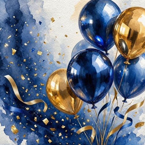 Luxury Navy & Royal Blue Birthday Background with Gold Balloons – Elegant Masculine Watercolor (8K)