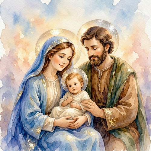 3D Holy Family Card – Watercolor Nativity Scene with Soft Pastel Background 1024×1024