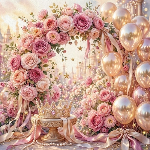 Elegant Princess Birthday Background – Pink & Mauve Floral Arch, Champagne Balloons & Gold Accents