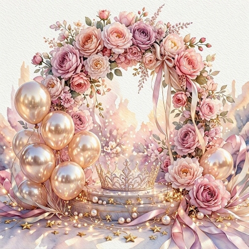 Princess Palace Birthday Background – Floral Arch, Champagne Balloons & Gold Sparkle 