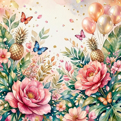 Glamorous Tropical Birthday Background – Pink & Coral Flowers, Gold Pineapples and Champagne Balloons