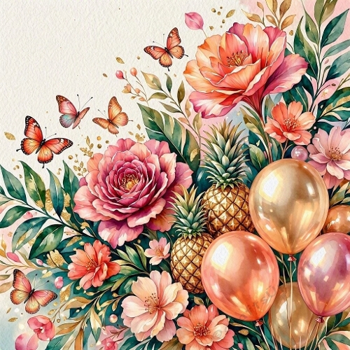 Glamorous Tropical Birthday Background – Vibrant Flowers, Gold Pineapples & Rose‑Gold Balloons