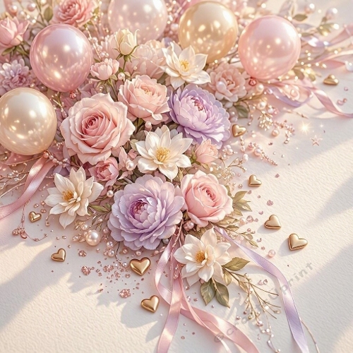 Romantic Pastel Birthday Background – Pink & Lilac Flowers, Gold Hearts and Pearlescent Balloons 