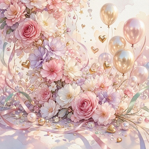 Romantic Pastel Birthday Background – Pink & Lilac Flowers, Gold Hearts and Pearlescent Balloons 