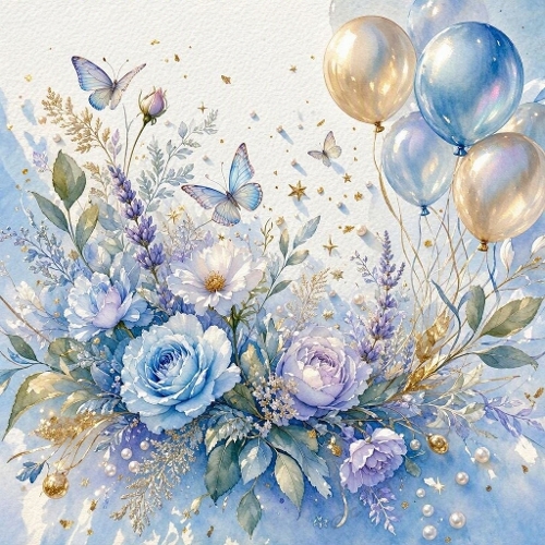 Sophisticated Sky‑Blue & Lavender Birthday Background – Elegant Florals, Gold Accents and Pearlescent Balloons