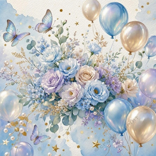 Sophisticated Sky‑Blue & Lavender Birthday Background – Elegant Florals, Gold Accents and Pearlescent Balloons