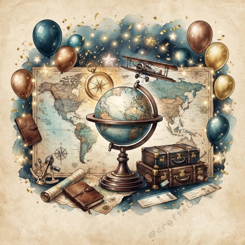 Luxury Travel Adventure Birthday Background – Vintage World Map, Globe & Blue‑Bronze Balloons