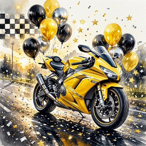 Yellow Sport Bike, Checkered Flag & Dynamic Road
