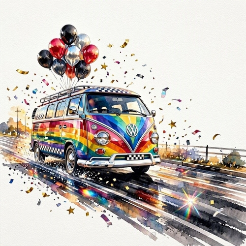 Rainbow Camper Van Balloons Party Illustration