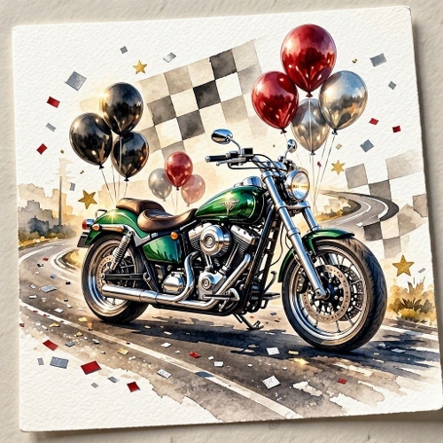 Green Motorcycle With Balloons And Flag Celebration