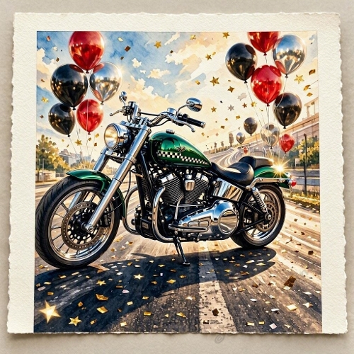 Green Motorcycle With Balloons And Flag Celebration