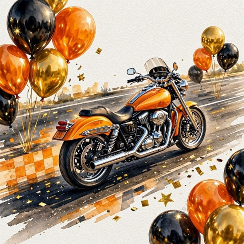 Orange Motorcycle With Gold Black Balloons