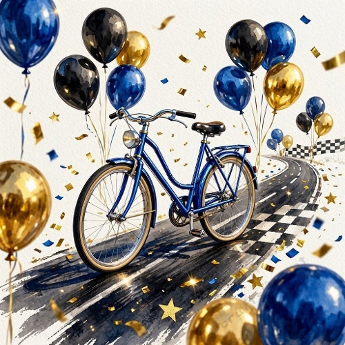 Blue Bicycle Finish Line Celebration Watercolor