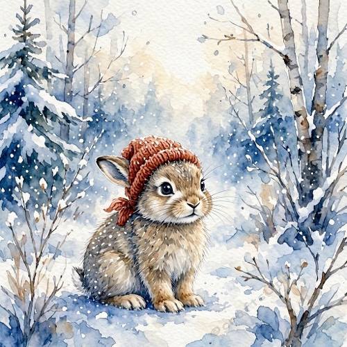 Watercolor Winter Bunny – Cute Snowy Forest Scene with Red Hat (1024×1024 JPEG)