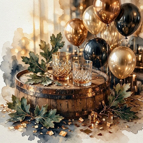 Whiskey Glasses Barrel Balloons Watercolor