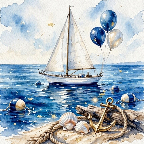 Nautical Sailboat Beach Watercolor Illustration