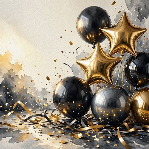 Black And Gold Party Balloons Watercolor