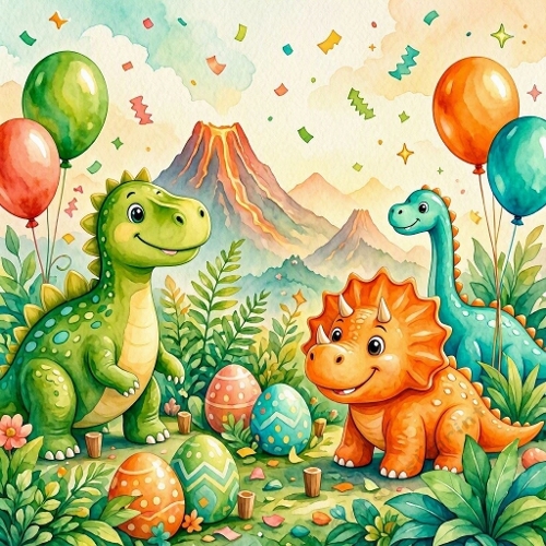 Cute Dinosaur Volcano Balloons Watercolor