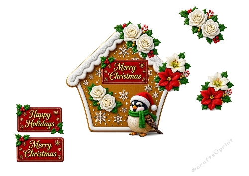3D Christmas Card – Gingerbread House with Bird, Poinsettias & Holiday Signs