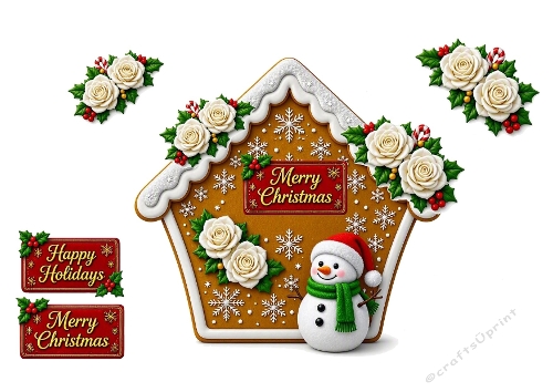 3D Christmas Card – Gingerbread House with Snowman, Poinsettias & Holiday Signs 