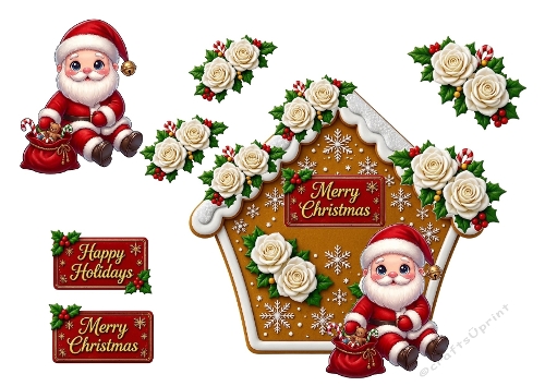 3D Christmas Card – Gingerbread House with Santas, Holly & Holiday Signs  