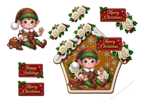3D Christmas Card – Festive Elf with Gingerbread House, Holly & Holiday Signs