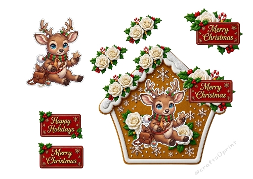 3D Christmas Card – Cute Reindeer with Gingerbread House, Holly & Holiday Signs 
