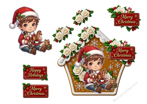 3D Christmas Card – Child with Rocking Horse, Gingerbread Frame & Holiday Florals 