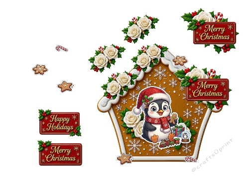 3D Christmas Card – Cute Penguin with Gingerbread House, Cookies & Holiday Signs 