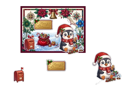 3D Christmas Card – Cute Penguin with Gifts, Festive Frame & Penguin Post Mailbox 