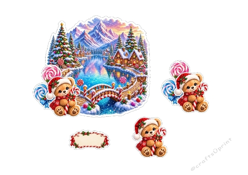 3D Christmas Card – Winter Village with Teddy Bears, Candy Canes & Holiday Label