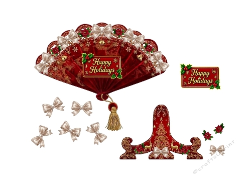3D Christmas Card – Red Holiday Fan with Pearls, Poinsettias & Happy Holidays Sign (JPEG)