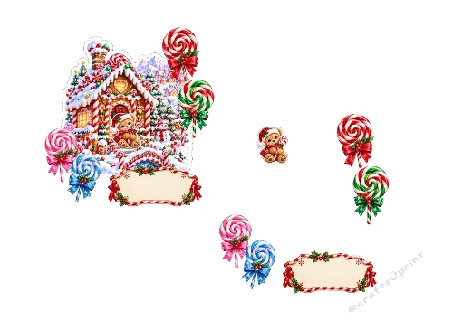 3D Christmas Card – Gingerbread House with Teddy Bear, Candy Lollipops & Holiday Labels 