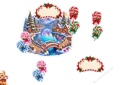 3D Christmas Card – Snowy Village with Candy Canes, Lollipops & Holiday Labels 