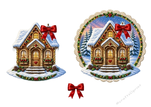 3D Christmas Card – Cozy Wooden House with Snowy Forest Frame & Holiday Bow 