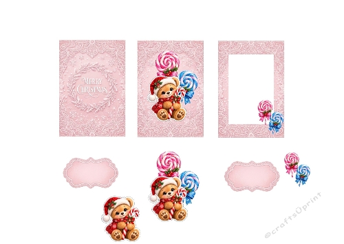 3D Christmas Card Kit – Pink Lace Frames with Teddy Bear, Lollipops & Merry Christmas Panel 