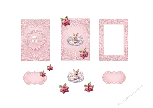 3D Christmas Card Kit – Pink Lace Frames with Rabbit, Frosted Berries & Merry Christmas Panel 