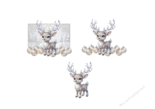 3D Christmas Card – Silver Baby Reindeer with Ornaments & Winter Forest Scene (JPEG)
