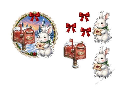 3D Christmas Card – Winter Rabbit with Red Mailbox, Lace Frame & Holiday Bows (JPEG)