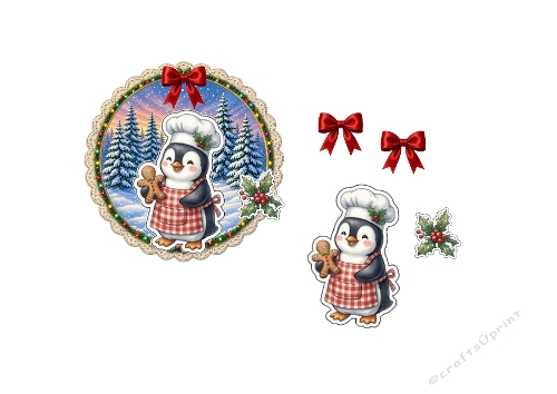 3D Christmas Card – Penguin Baker with Gingerbread, Winter Lace Frame & Holiday Bows (JPEG)