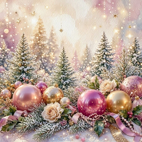 Pink Christmas Baubles Snow Forest Watercolor